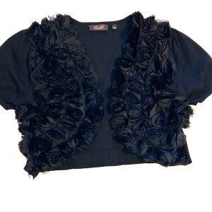 Camille Los Angeles Black Rosette Cropped Cardigan Evening Bolero Size L